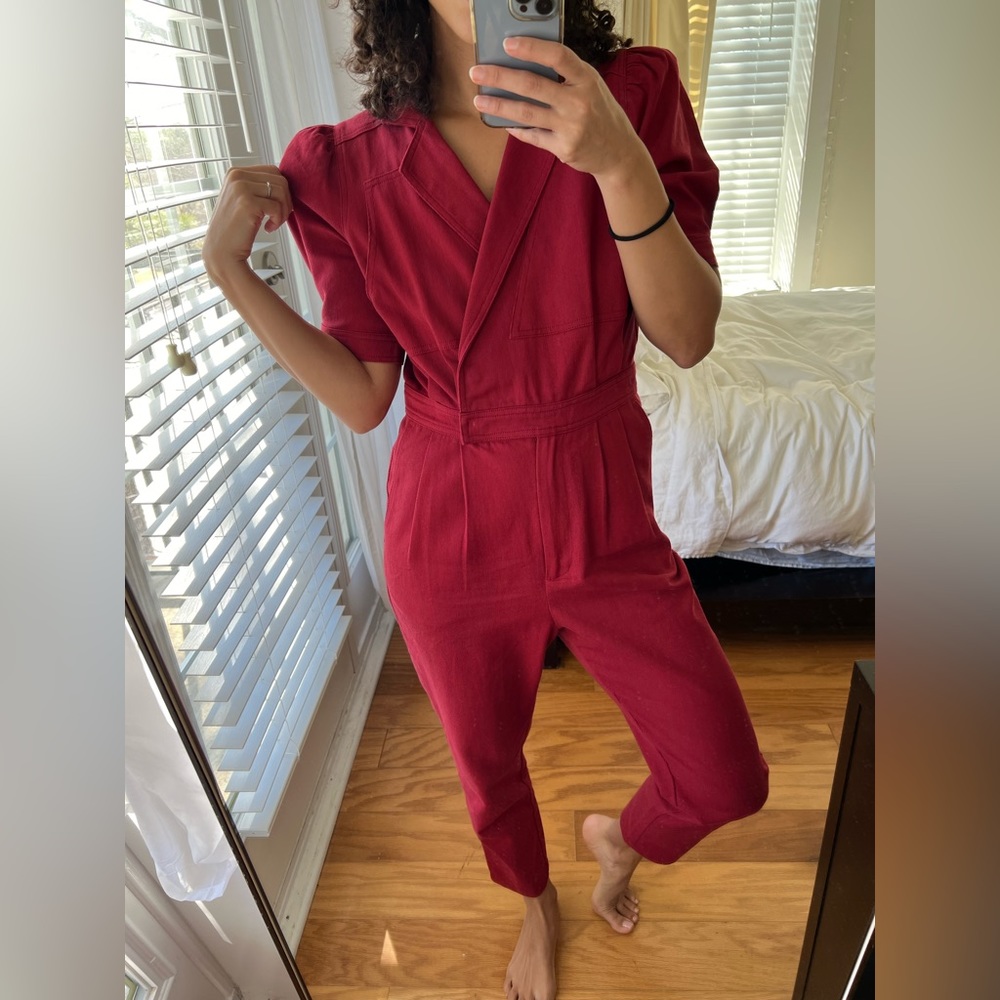 Red denim jumpsuit. size US medium.